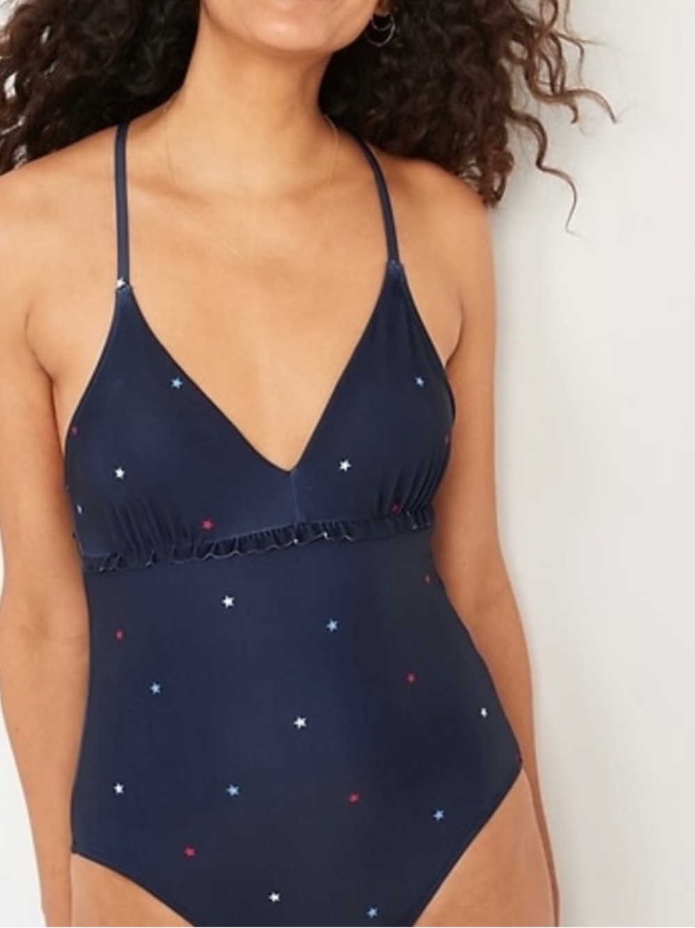 Old Navy Brand NWT Women's size Medium Navy Blue Star Print Ruffle Trim Swimsuit